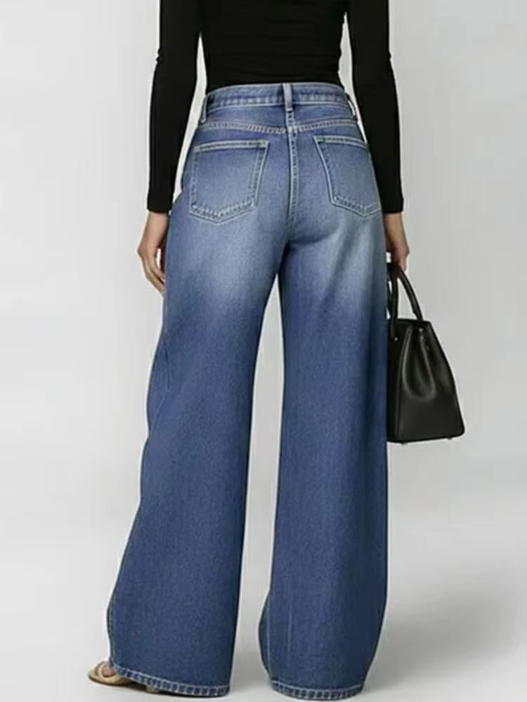 Women's Washed Blue High-Waist Metal Grommet Wide Leg Jeans 2026 Casual Loose Fit Streetwear Pants