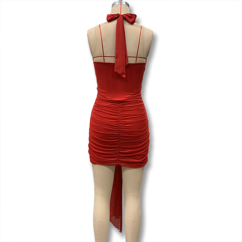 Soild Halter Pleated Ribbon Dress Women Mini 2026 Summer Dress Deep V Backless Sexy Party Dresses