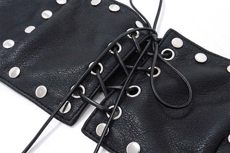 Sexy PU Leather Rivets Hollow Two Piece Sets Women Spaghetti Strap Bandage Crop Top and Mini Skirts Outfits