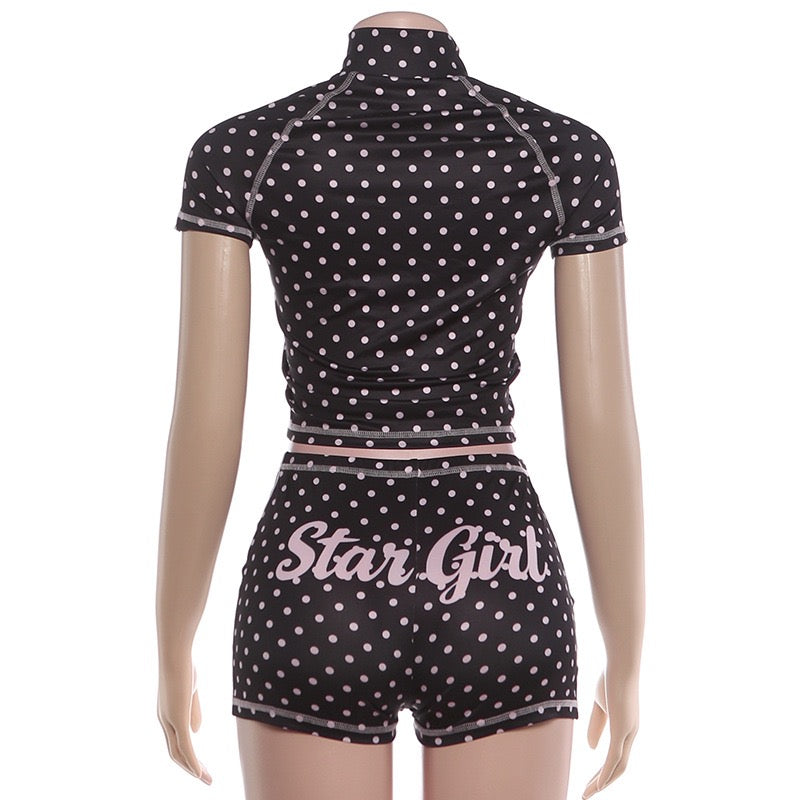 Letter Polka Dot Print 2 Piece Outfit Half Zip Crop Top and Biker Shorts Set 2026 Summer Women Streetwear Outfit