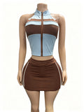 Women Summer Color Patchwork 2 Piece Set
Sleeveless Zipper Crop Top and Skirt Fashion Streetwear Suit