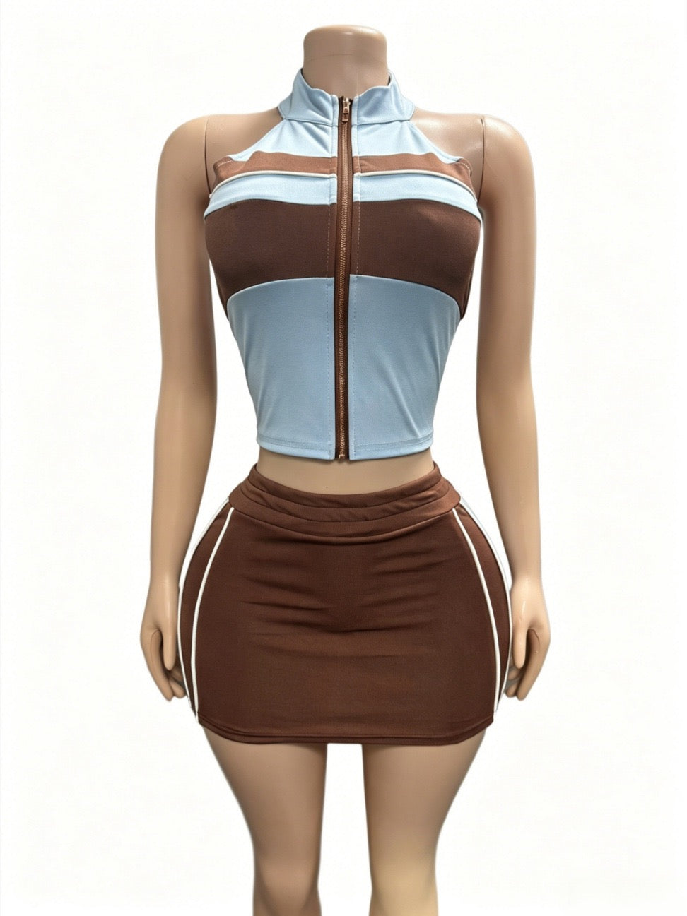 Women Summer Color Patchwork 2 Piece Set
Sleeveless Zipper Crop Top and Skirt Fashion Streetwear Suit