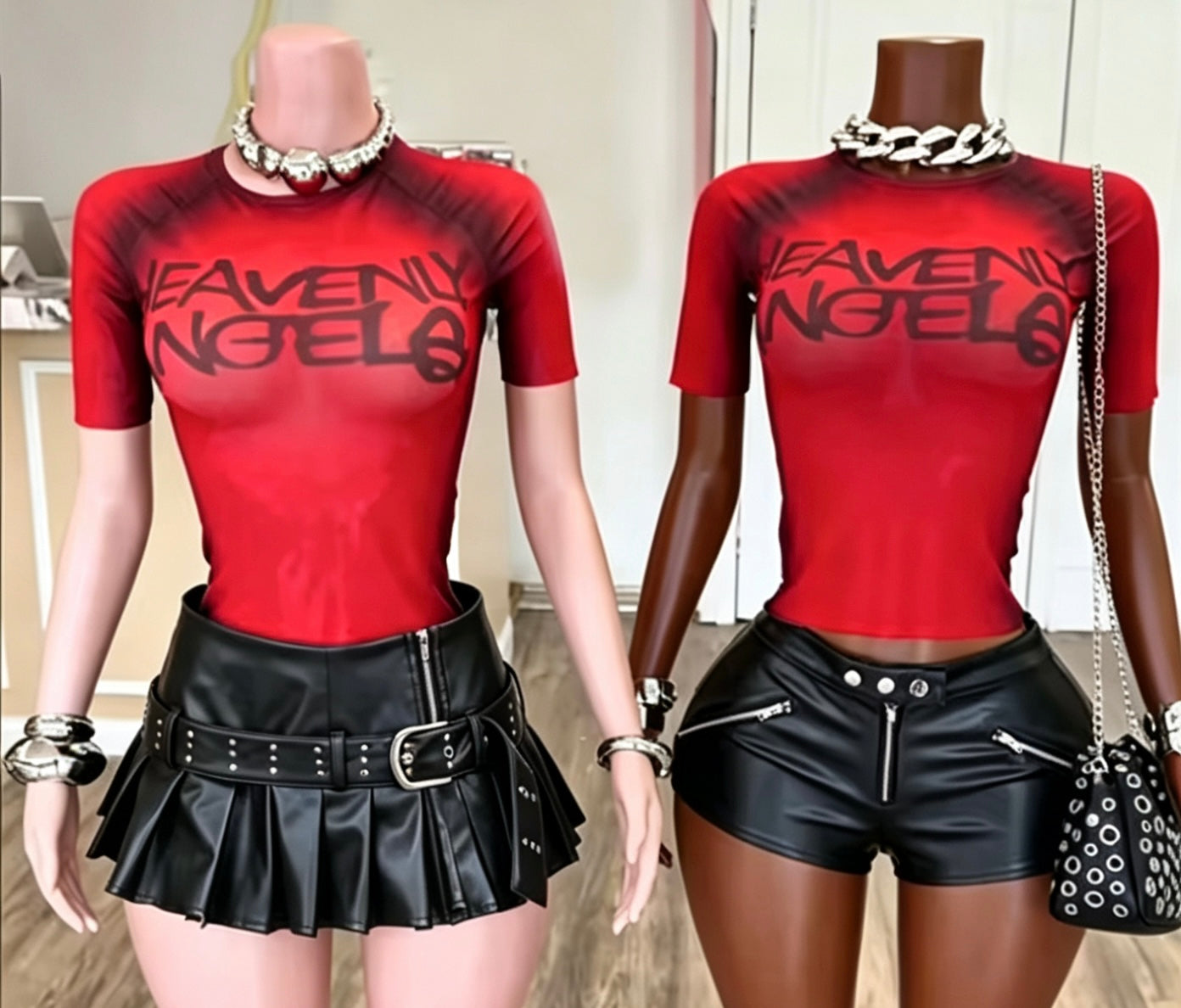 Y2K Fashion Women Letter Print O Neck Short Sleeve Slim Crop Top and PU Leather Pleated Skirt Two Piece Sets