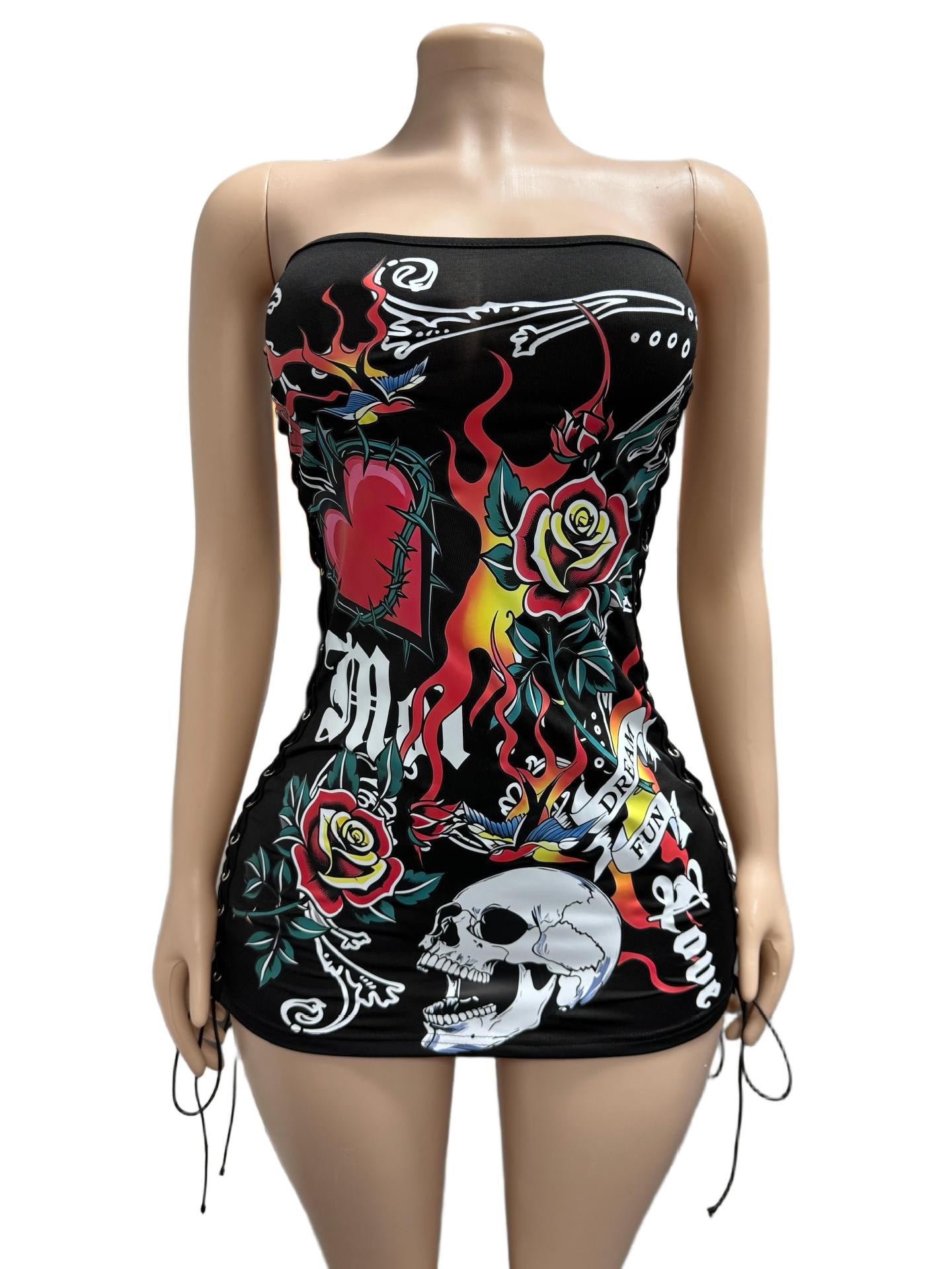 Sexy hot girl fashion dark print fitted strapless dress