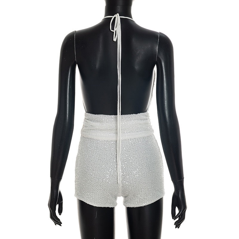 Women Trend Fashion Sequined Halter V Neck Bandage Backless Tank Top and Shorts 2 Piece Set