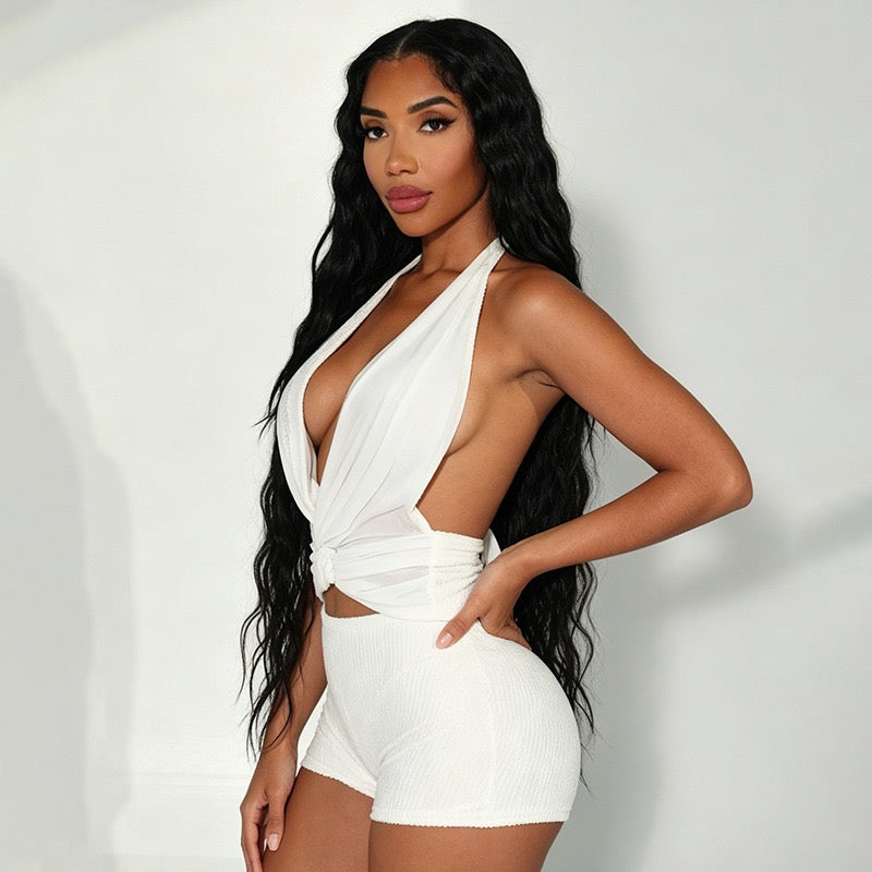 Women Trend Fashion Sequined Halter V Neck Bandage Backless Tank Top and Shorts 2 Piece Set