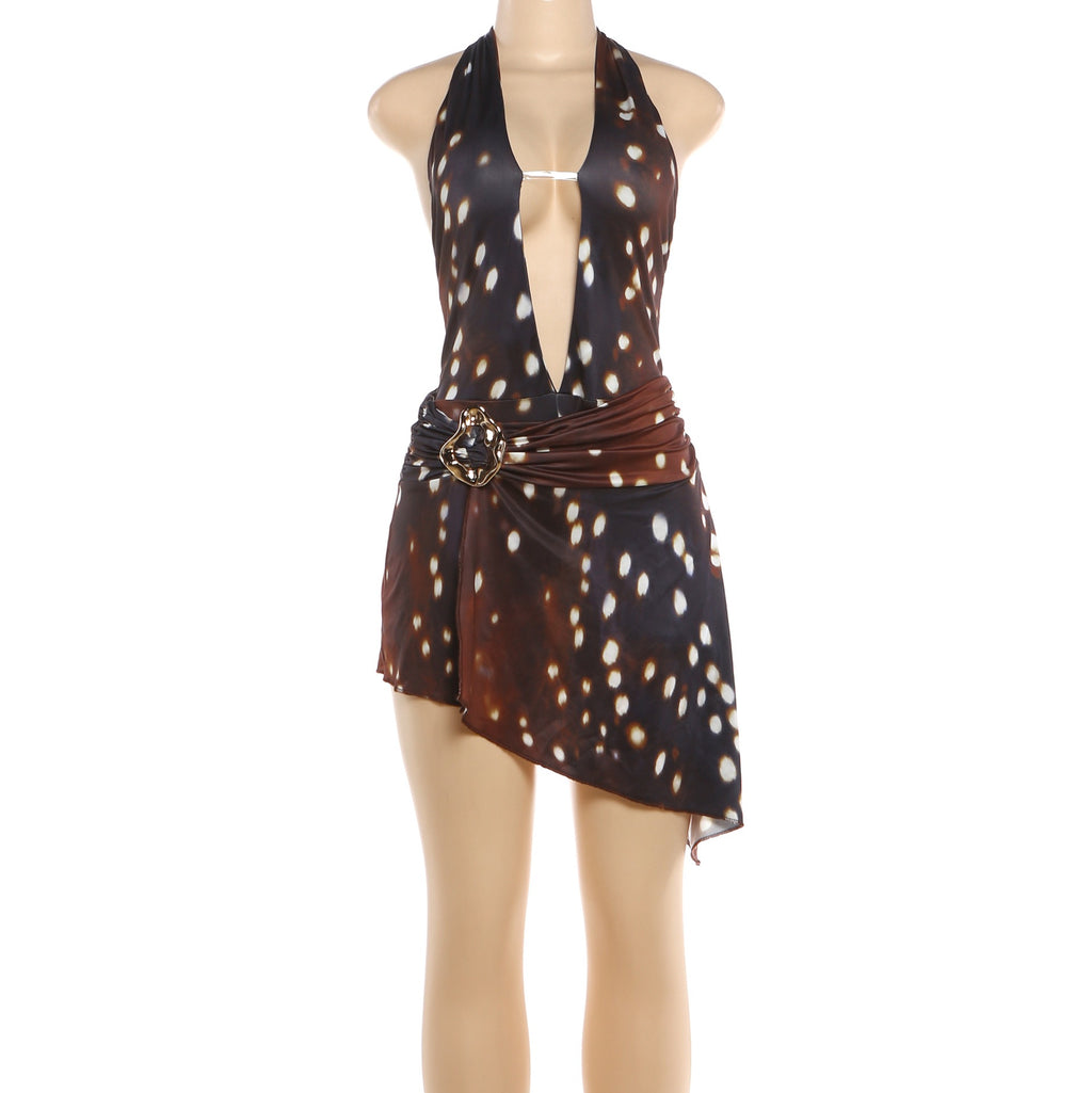 Sexy Fashion Print 2 Piece Set Woman Halter Deep V-Neck Backless Skinny Playsuits Metal Decoration Folds Mini