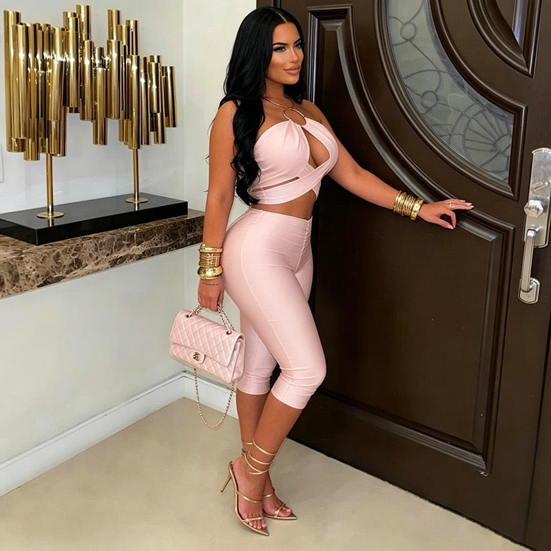 Sexy Solid Two Piece Sets Sleeveless Hollow Halter Crop Top Skinny Pants Fashion Streetwear Outfits
