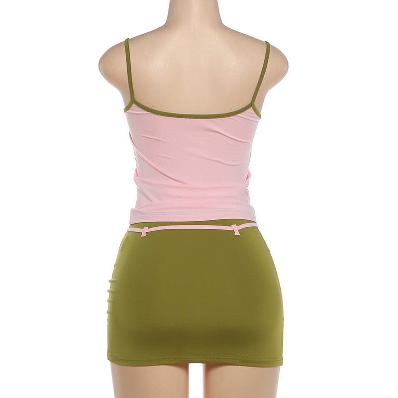 Women Color Blocking Low-Neck Backless Skinny Camisole Bandage Tassel Skirt Sweet Summer 2-Piece Set