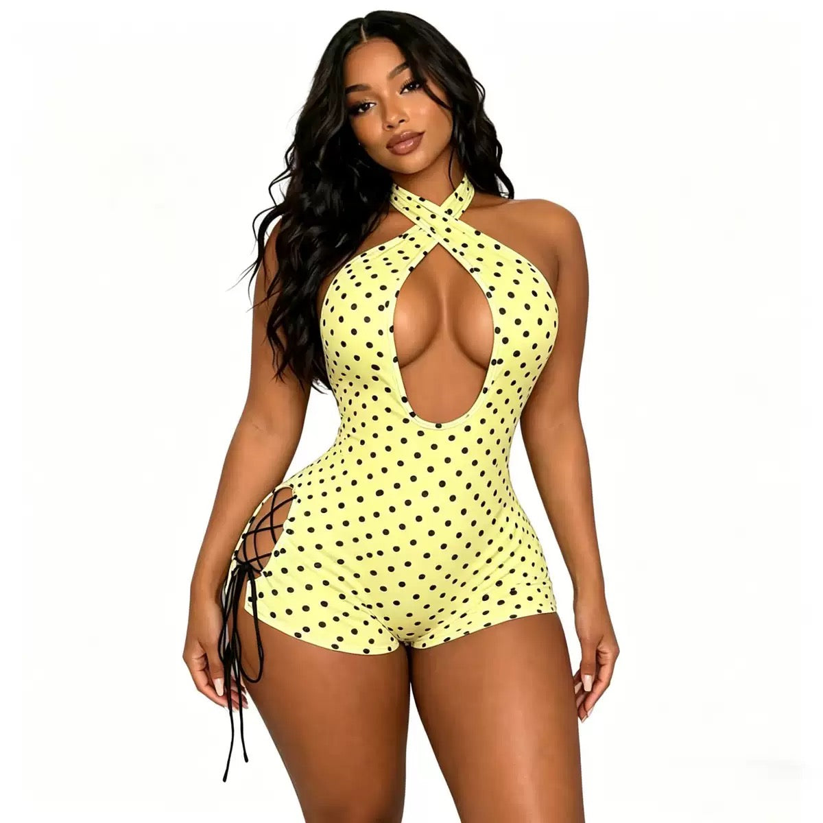 Sexy Polka Dot Cross Halter Romper Women Summer Cut Out Lace up Bodycon Jumpsuit Clubwear Backless