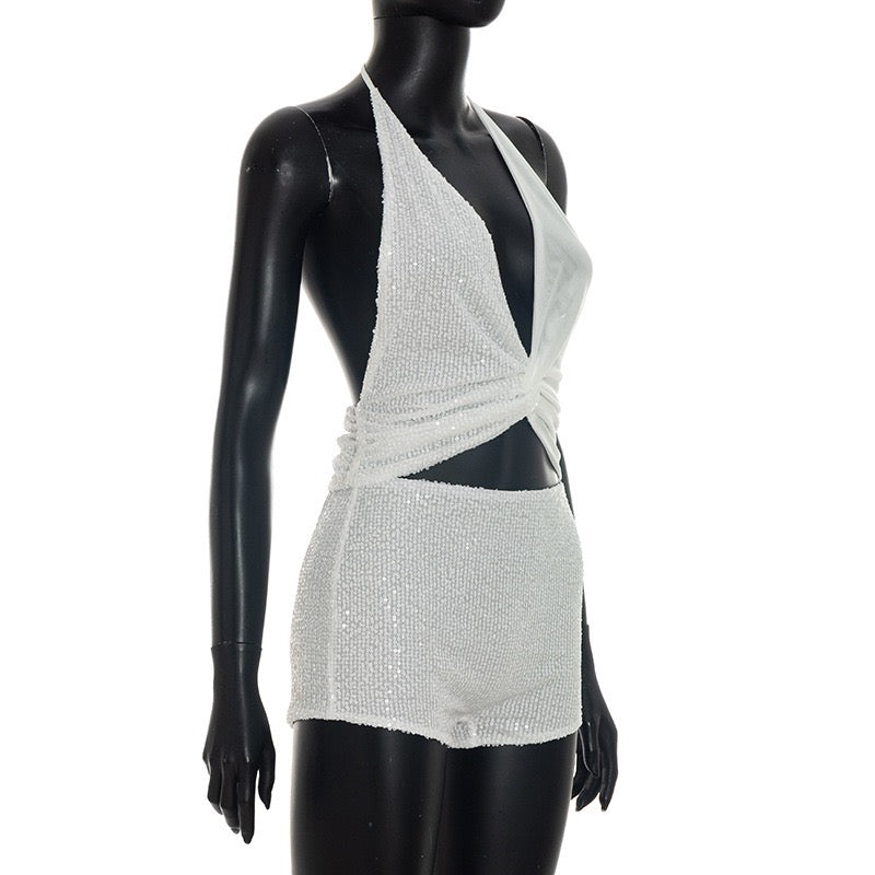 Women Trend Fashion Sequined Halter V Neck Bandage Backless Tank Top and Shorts 2 Piece Set