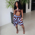 Women Halter Rope Wrap Chest Tops Stripe Patchwork Mid Skirts Summer Holiday Sexy 3 Piece Set