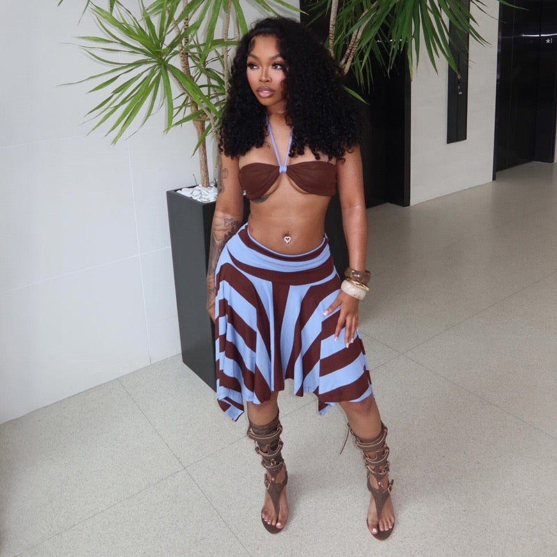Women Halter Rope Wrap Chest Tops Stripe Patchwork Mid Skirts Summer Holiday Sexy 3 Piece Set