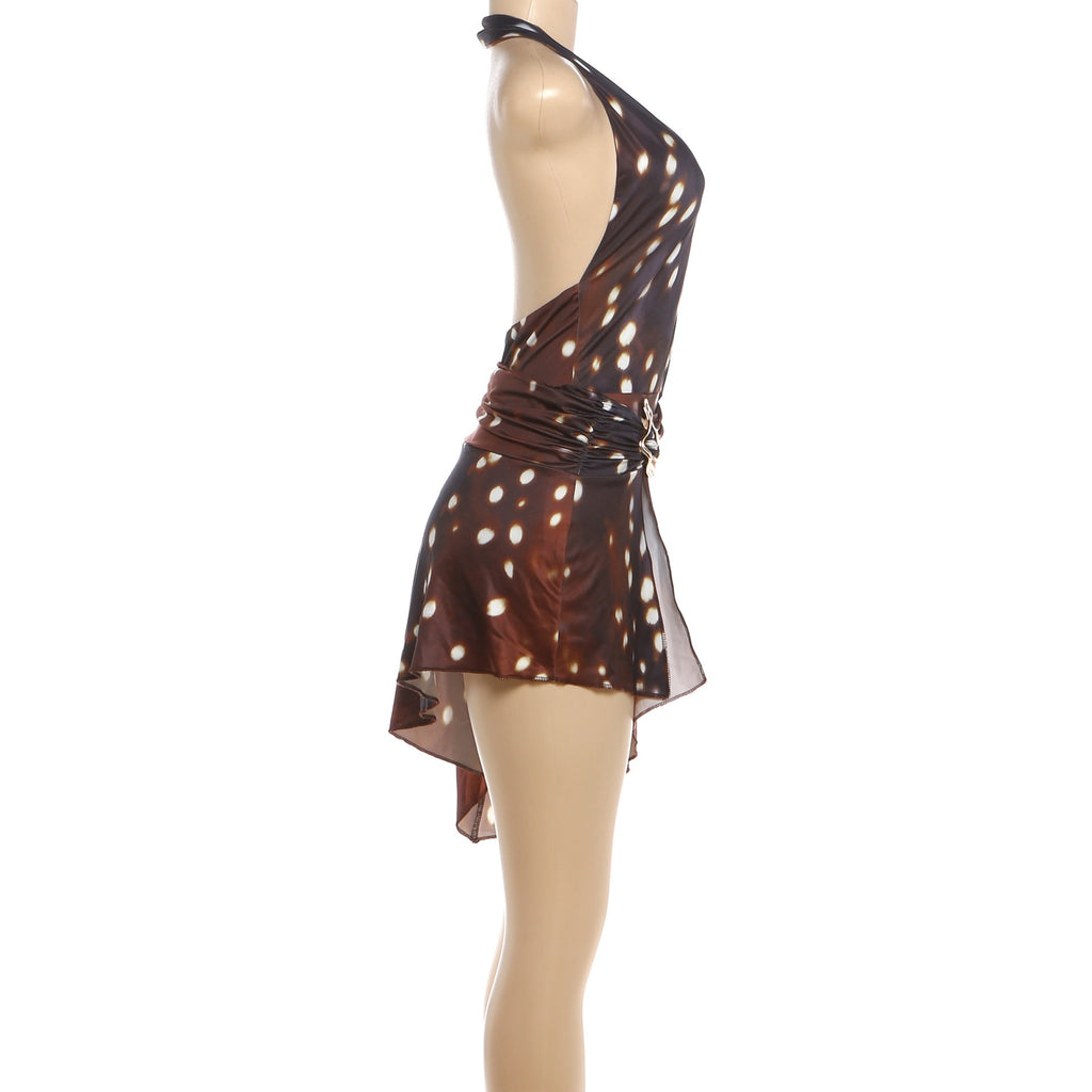 Sexy Fashion Print 2 Piece Set Woman Halter Deep V-Neck Backless Skinny Playsuits Metal Decoration Folds Mini