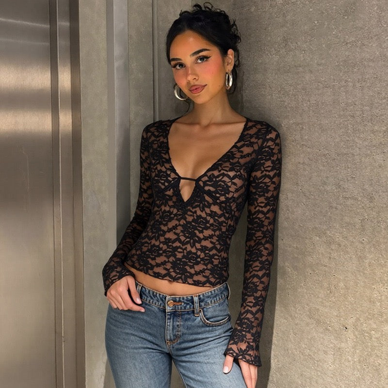 Sexy Deep V-neck Lace T-shirt 2026 Women Long Sleeve See-through Slim Tops Ladies Party Night Club T Shirts
