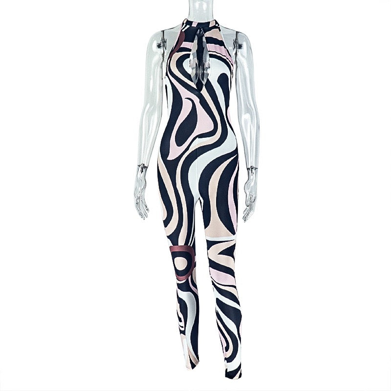 Personalized printed women's form-fitting high-waisted one-piece pants with open back, sleeveless zebra-patterned long one-piece dress, trendy