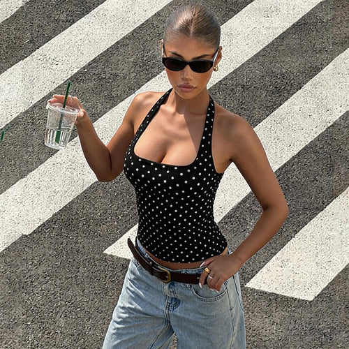 Backless fitted bust-hugging summer T-shirt with V-neck and sleeveless, dotted short top