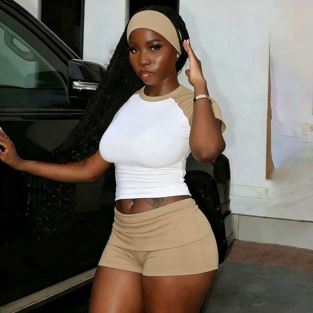 Color Patchwork 2 Piece Set 2026 Summer Women Short Sleeve T-shirts Crop Tops and High Waist Shorts Yoga set