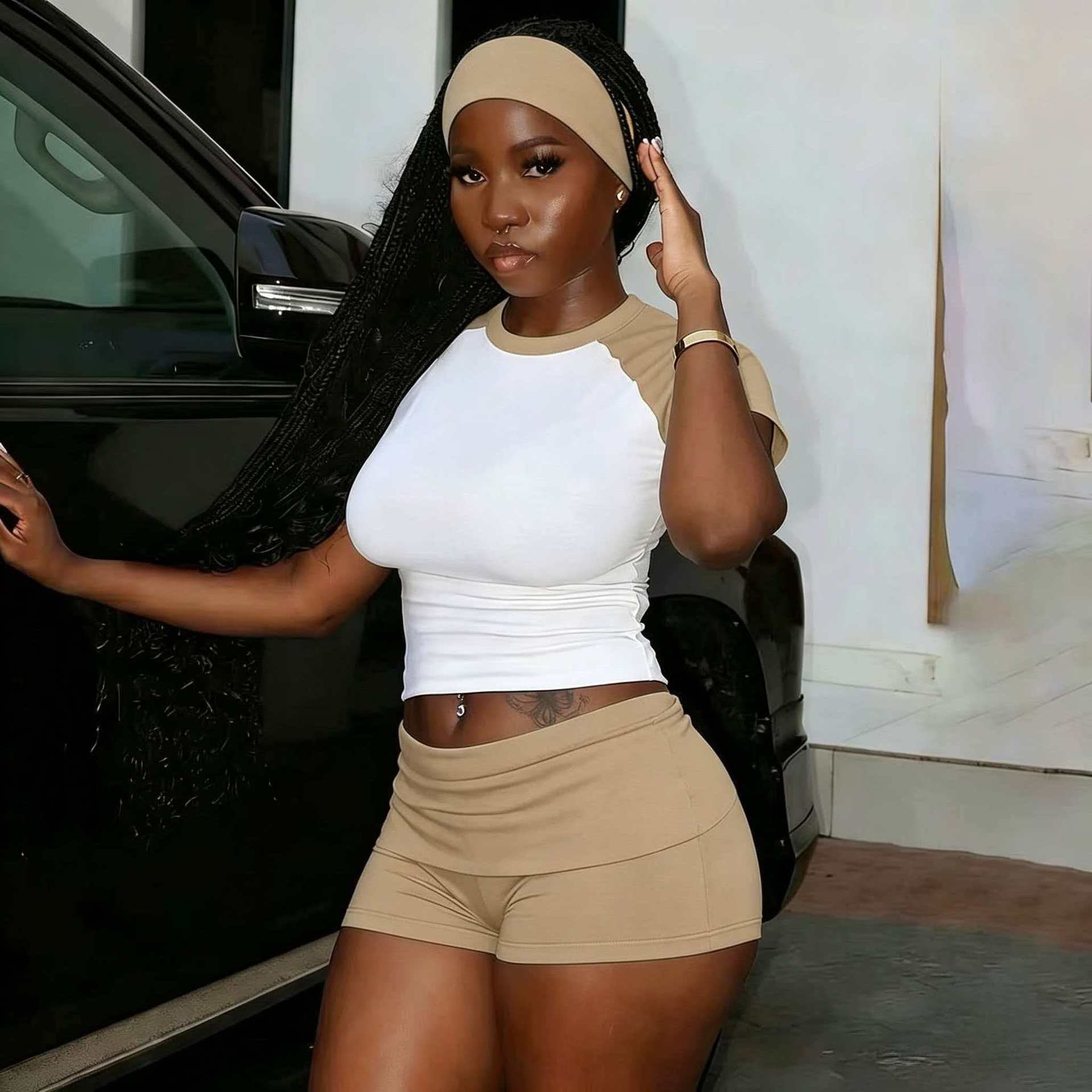 Color Patchwork 2 Piece Set 2026 Summer Women Short Sleeve T-shirts Crop Tops and High Waist Shorts Yoga set