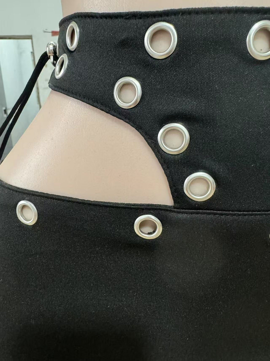 Sexy PU Leather Rivets Hollow Two Piece Sets Women Spaghetti Strap Bandage Crop Top and Mini Skirts Outfits