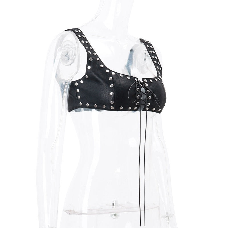 Sexy PU Leather Rivets Hollow Two Piece Sets Women Spaghetti Strap Bandage Crop Top and Mini Skirts Outfits