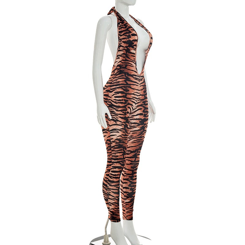 Women Halter Deep V Neck Sleeveless 2026 Sexy Trend Tiger Print Skinny Backless Jumpsuit