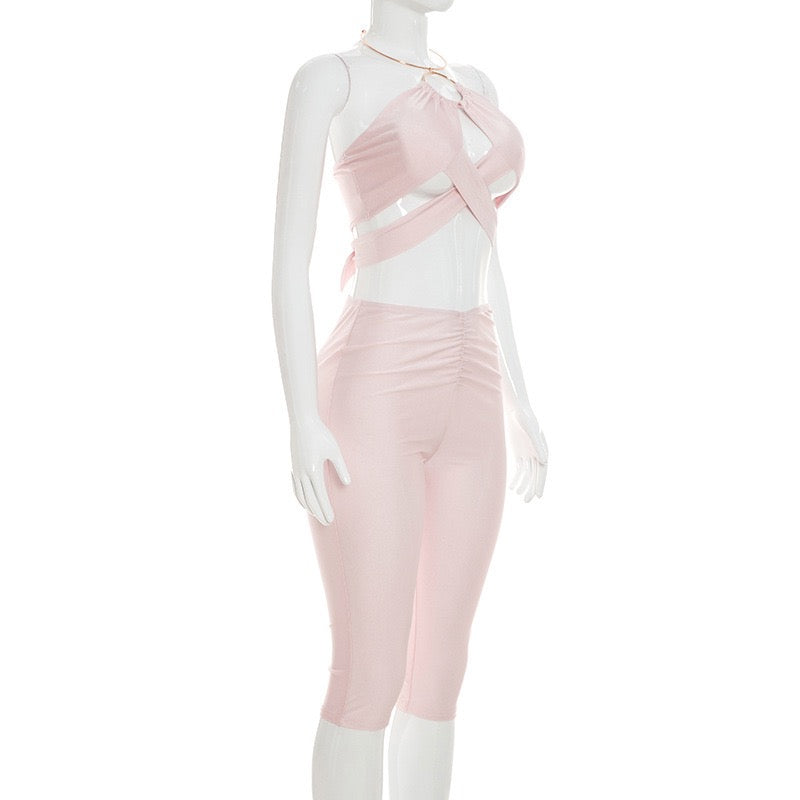 Sexy Solid Two Piece Sets Sleeveless Hollow Halter Crop Top Skinny Pants Fashion Streetwear Outfits