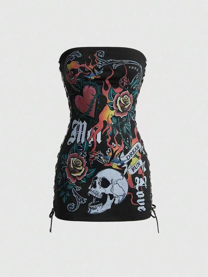 Sexy hot girl fashion dark print fitted strapless dress