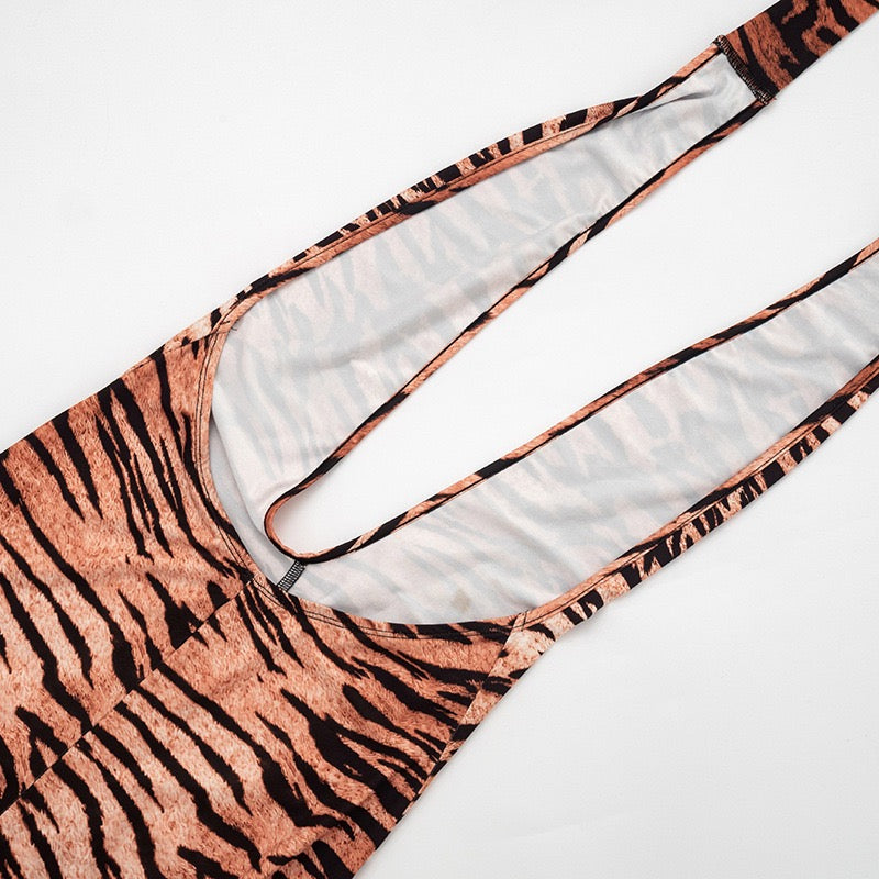 Women Halter Deep V Neck Sleeveless 2026 Sexy Trend Tiger Print Skinny Backless Jumpsuit