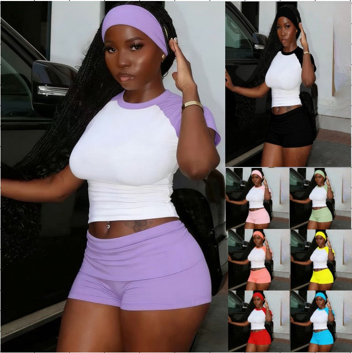 Color Patchwork 2 Piece Set 2026 Summer Women Short Sleeve T-shirts Crop Tops and High Waist Shorts Yoga set