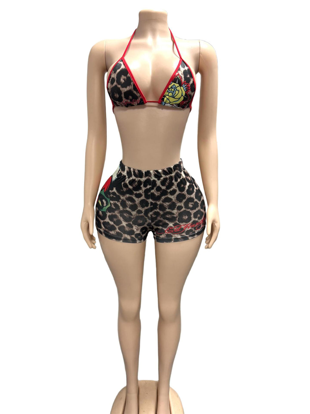 Leopard print rose necklace sexy two-piece set - hot chick nightclub style short pants set