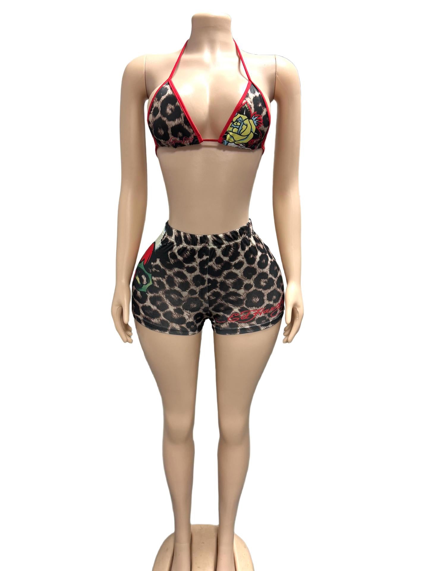 Leopard print rose necklace sexy two-piece set - hot chick nightclub style short pants set