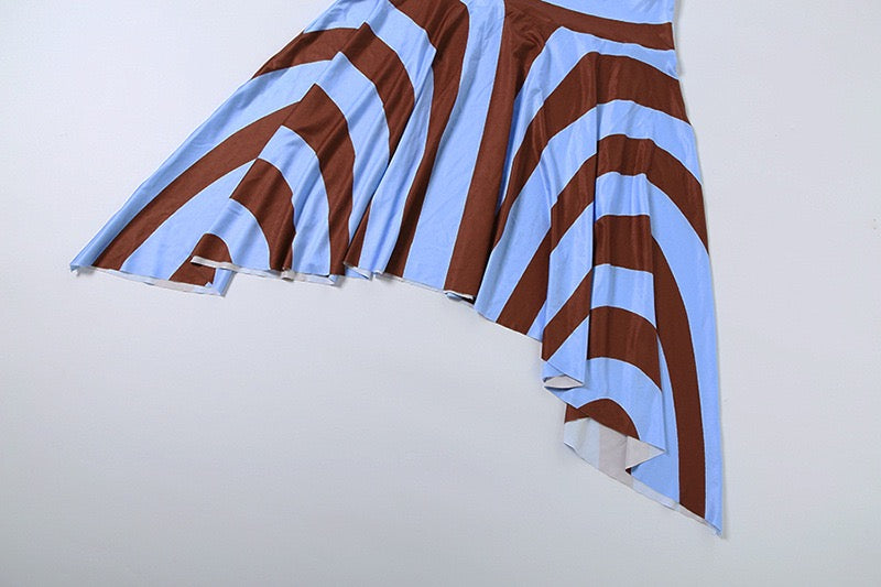 Women Halter Rope Wrap Chest Tops Stripe Patchwork Mid Skirts Summer Holiday Sexy 3 Piece Set