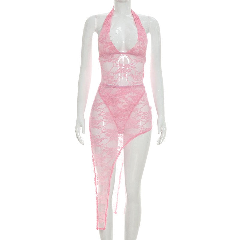 Women Summer Tie-Up Halter Neck Sleeveless Backless
Lace Bodysuit Tops Mini Skirts 2 Pieces Set