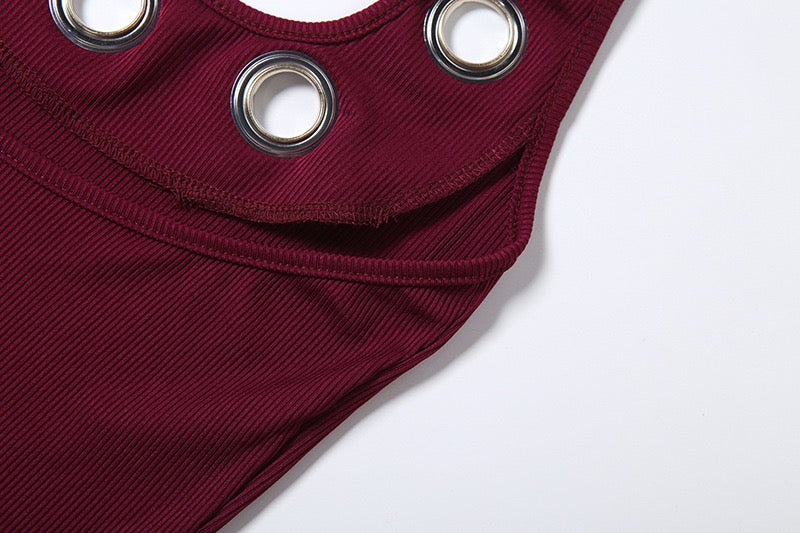 Metal Ring Hollow Decoration Dress Woman Halter Low-Neck Backless Skinny Peach Hip Midnight Sexy Fashion Mini
Bodycon Dress