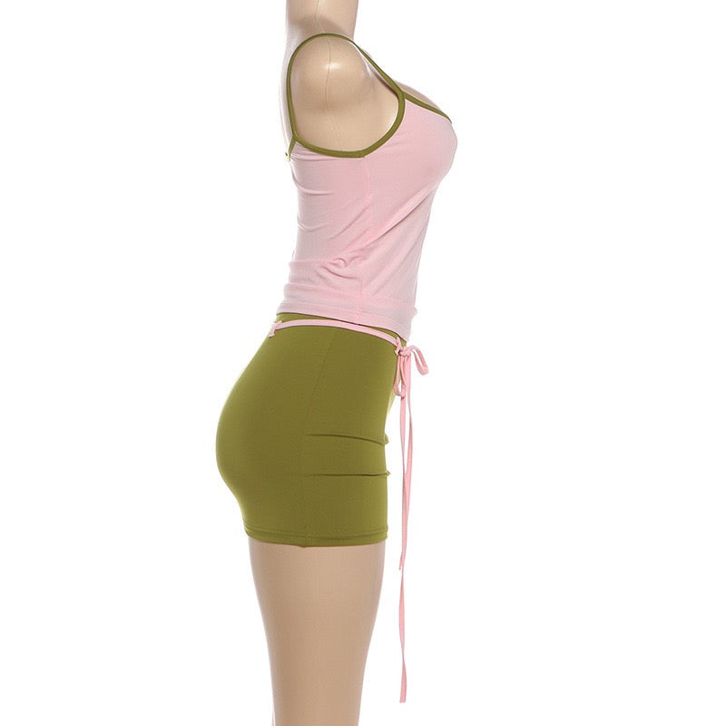 Women Color Blocking Low-Neck Backless Skinny Camisole Bandage Tassel Skirt Sweet Summer 2-Piece Set