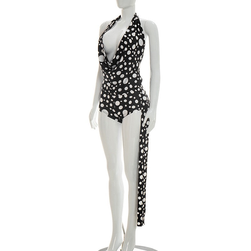 Woman Summer Trend Halter BacklessTops and Skinny Shorts Polka Dot Print 2 Piece Set