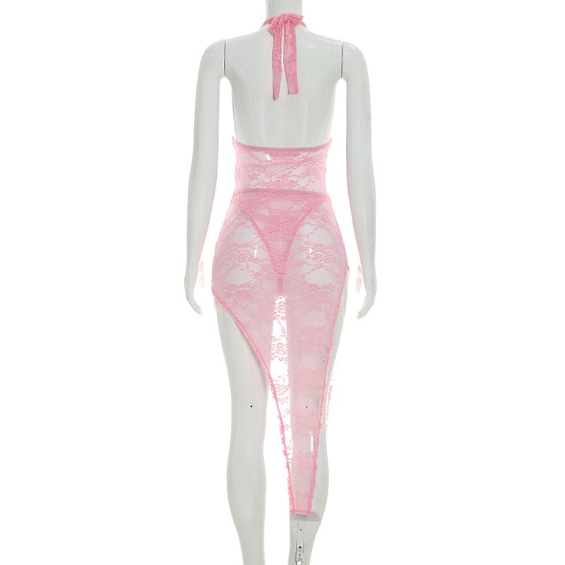 Women Summer Tie-Up Halter Neck Sleeveless Backless
Lace Bodysuit Tops Mini Skirts 2 Pieces Set