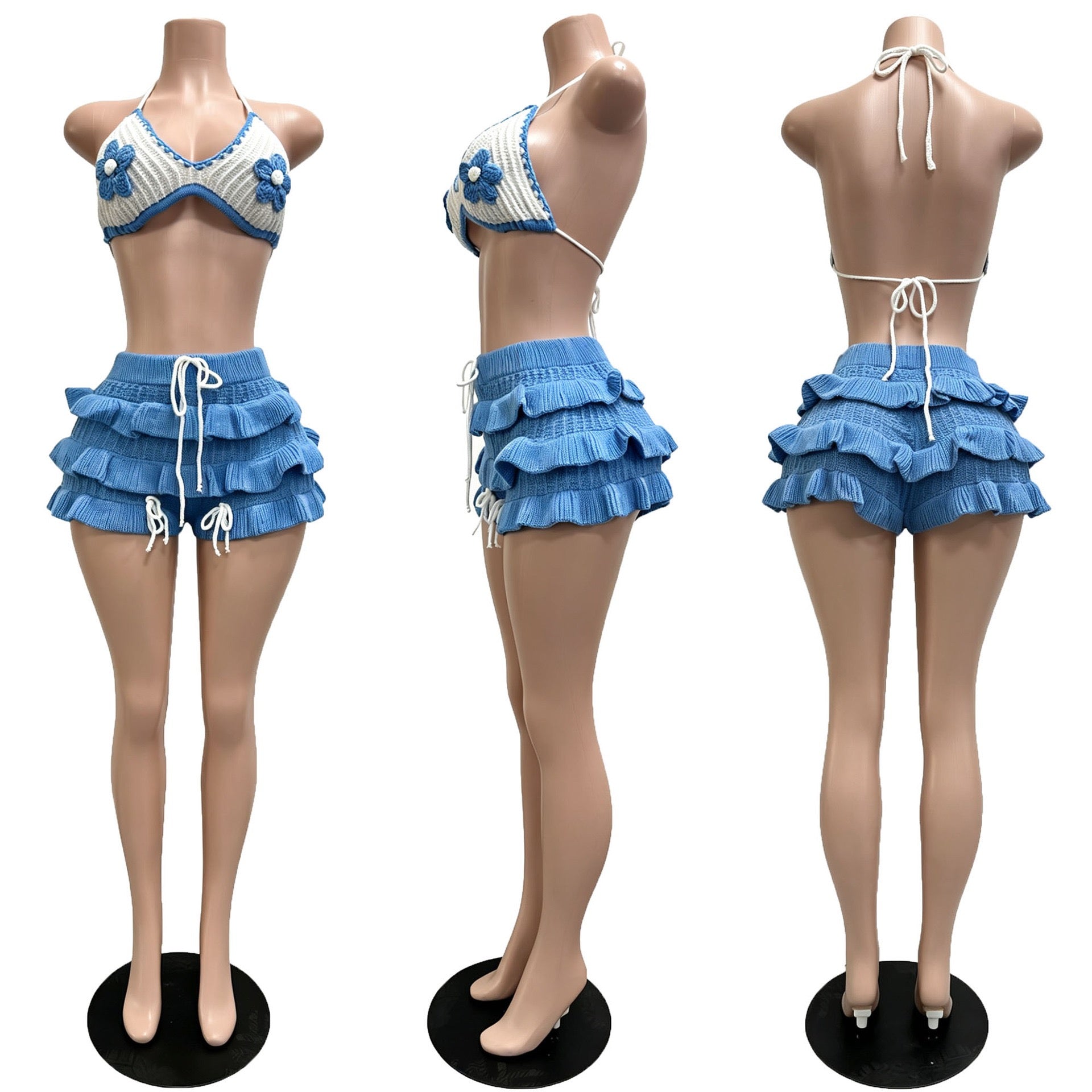 Women's Knitted Crochet 2 Piece Sets Sexy 3D Flower Decorate Bikini Tops and Ruffles Shorts Matching Beach
Vacation Outfits
