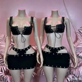 Sexy PU Leather Rivets Hollow Two Piece Sets Women Spaghetti Strap Bandage Crop Top and Mini Skirts Outfits