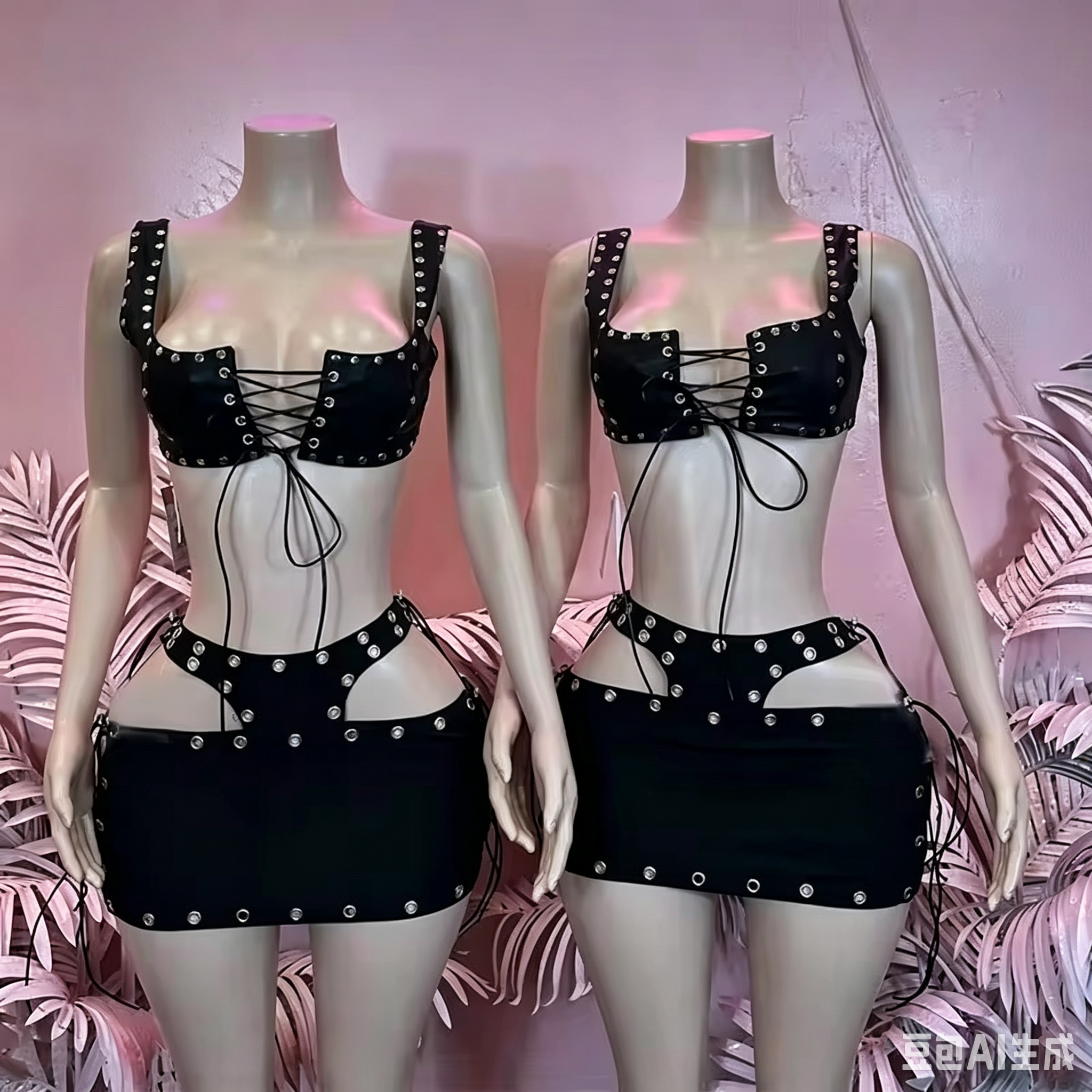 Sexy PU Leather Rivets Hollow Two Piece Sets Women Spaghetti Strap Bandage Crop Top and Mini Skirts Outfits