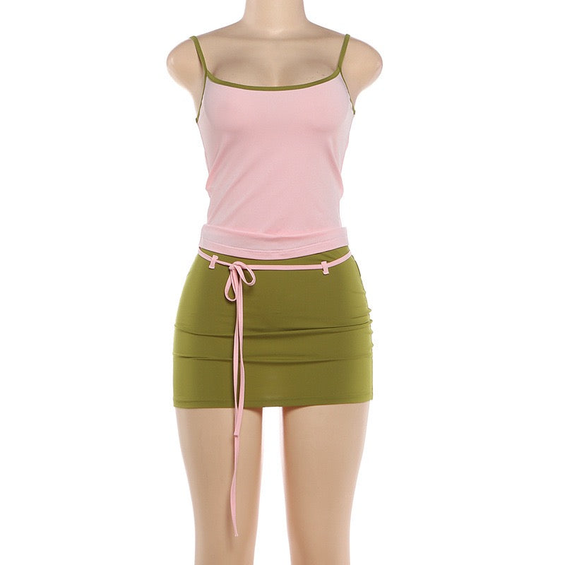 Women Color Blocking Low-Neck Backless Skinny Camisole Bandage Tassel Skirt Sweet Summer 2-Piece Set