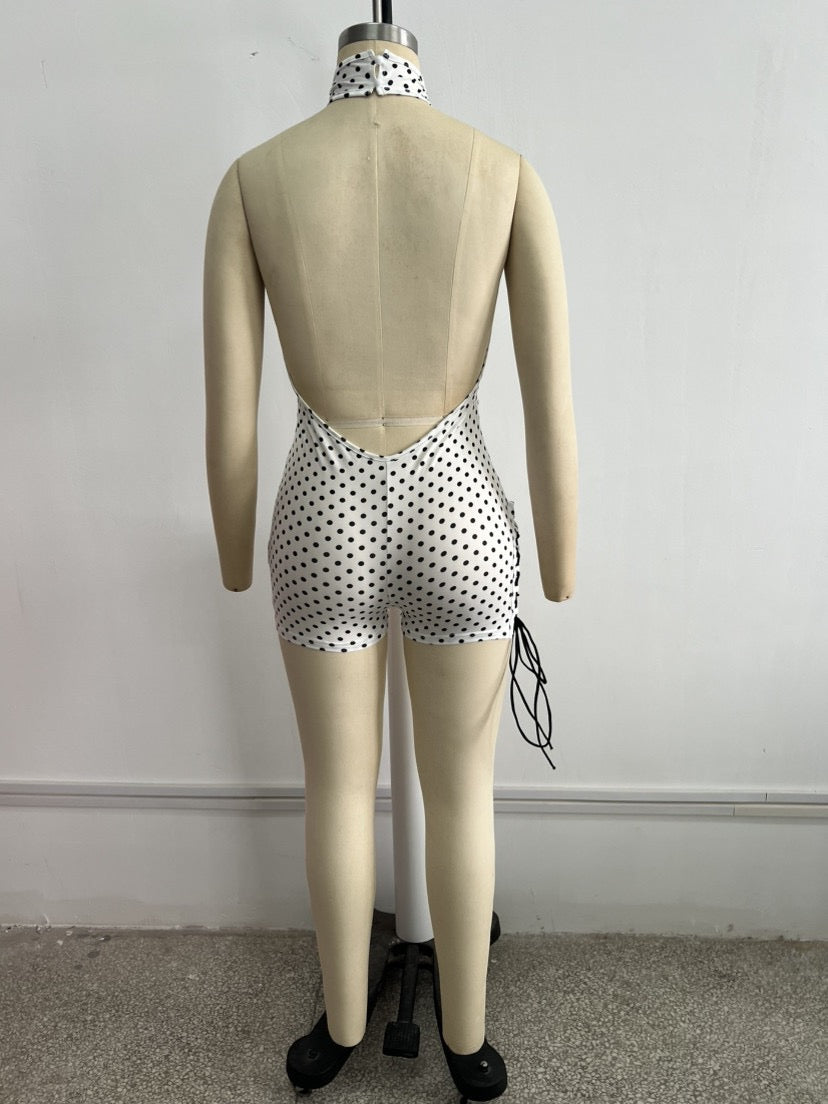 Sexy Polka Dot Cross Halter Romper Women Summer Cut Out Lace up Bodycon Jumpsuit Clubwear Backless