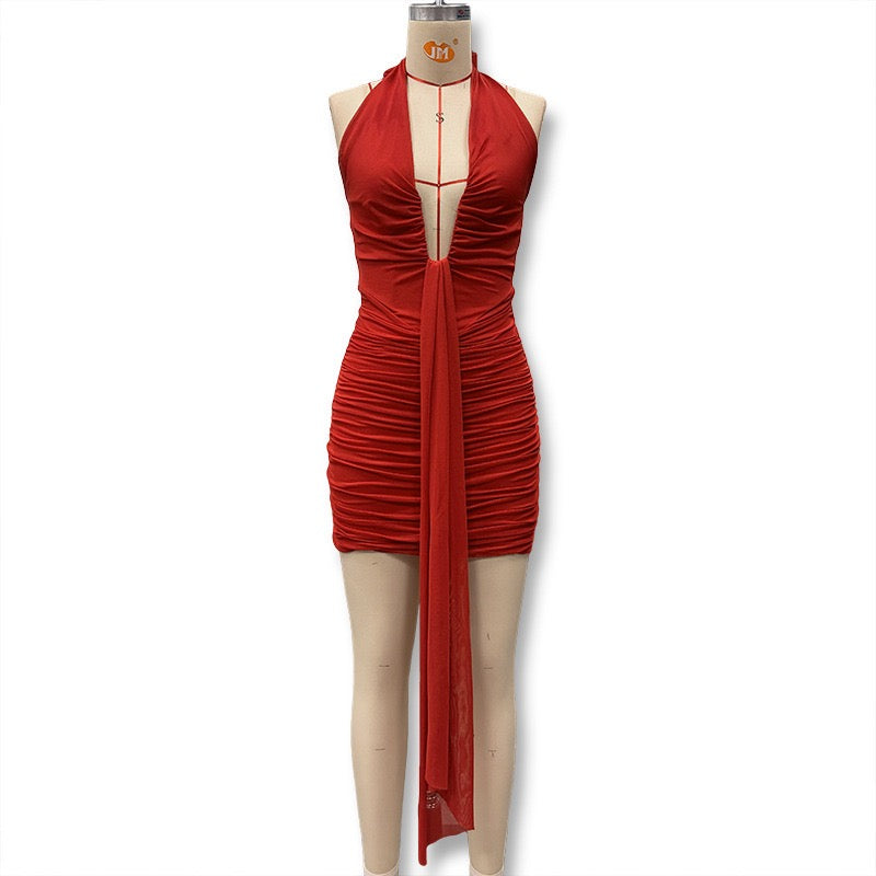 Soild Halter Pleated Ribbon Dress Women Mini 2026 Summer Dress Deep V Backless Sexy Party Dresses