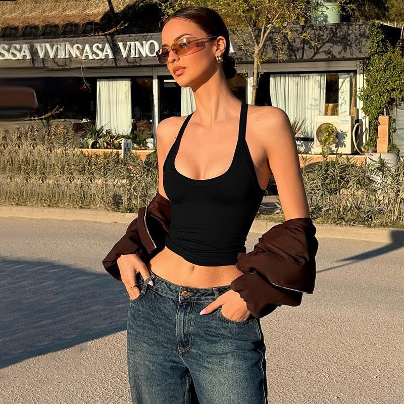 Solid-color sexy backless women's top T-shirt for daily wear