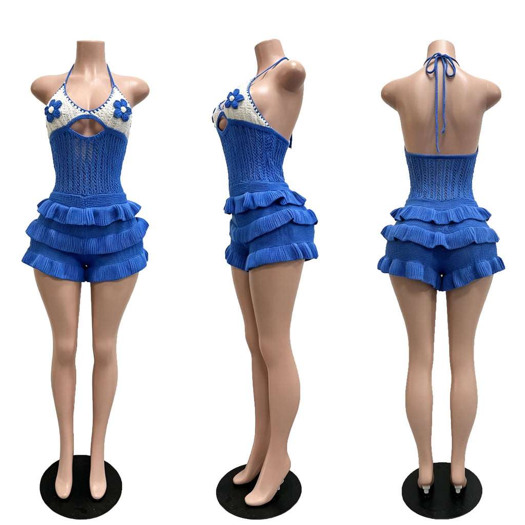 Knitted Crochet Ruffle Halter Tie up Hollow Out Rompers Women Sexy Backless V-neck Sleeveless Skinny Beachwear
Playsuit