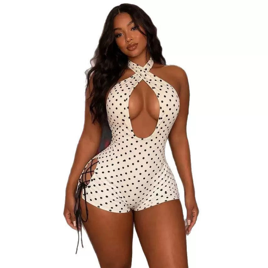 Sexy Polka Dot Cross Halter Romper Women Summer Cut Out Lace up Bodycon Jumpsuit Clubwear Backless