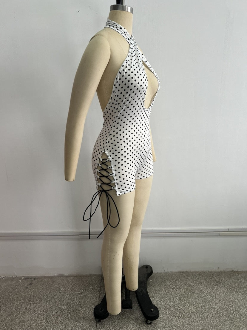 Sexy Polka Dot Cross Halter Romper Women Summer Cut Out Lace up Bodycon Jumpsuit Clubwear Backless