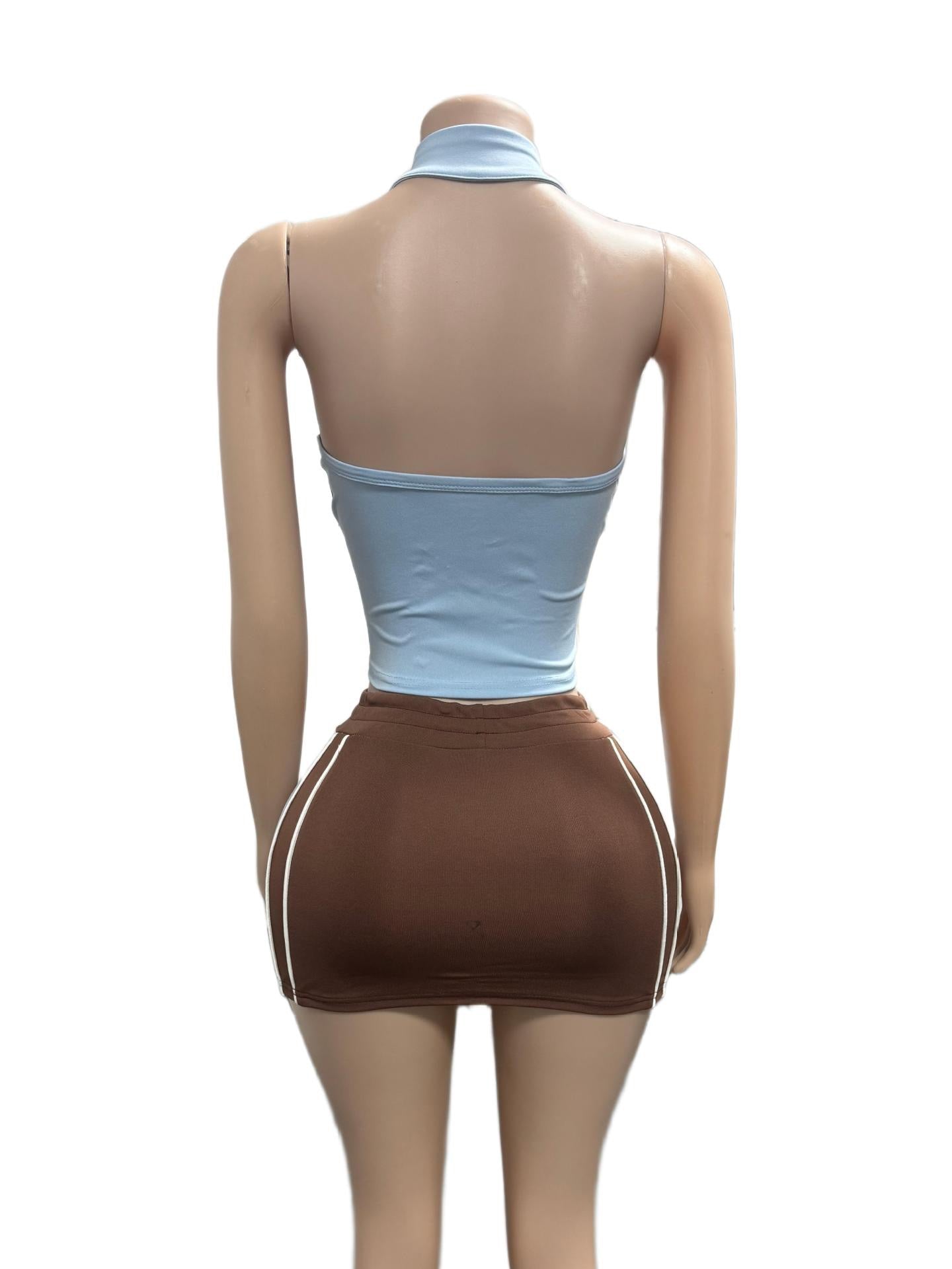 Women Summer Color Patchwork 2 Piece Set
Sleeveless Zipper Crop Top and Skirt Fashion Streetwear Suit