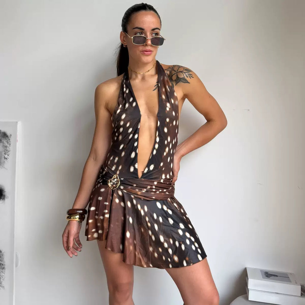 Sexy Fashion Print 2 Piece Set Woman Halter Deep V-Neck Backless Skinny Playsuits Metal Decoration Folds Mini